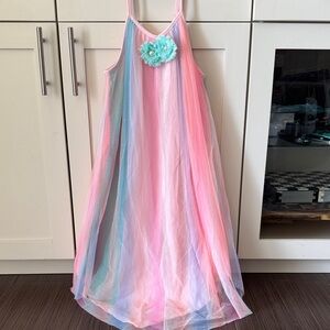 Pastel Rainbow Maxi Dress with Floral Accent